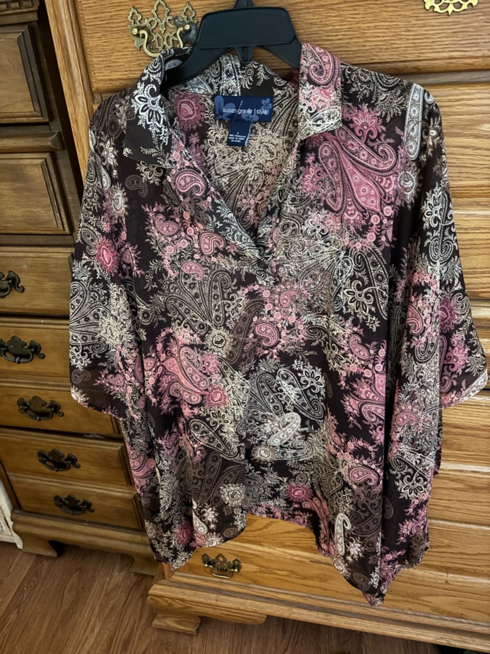 Susan Graver Black Top with Pink & Cream Paisley Button-Front